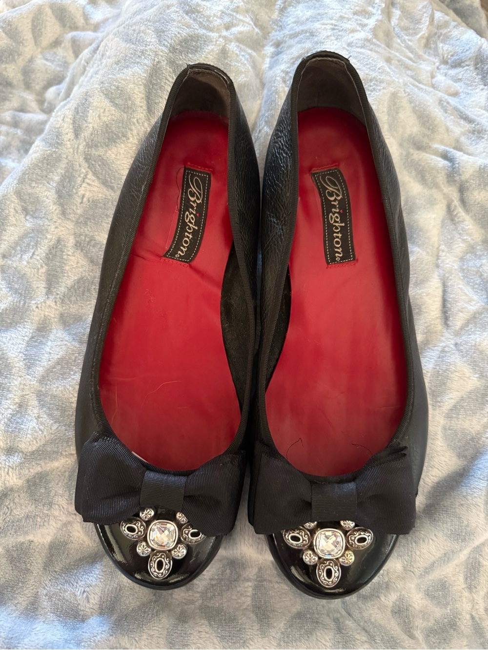 Brighton Black Ballet Flats with Red Insole and Jewel Bow